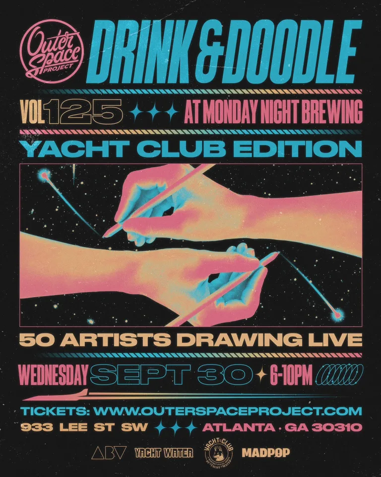 Drink & Doodle Vol. 125 Yacht Club Edition poster: 50 artists drawing live at Monday Night Brewing, Wednesday Sept 30, 6–10PM